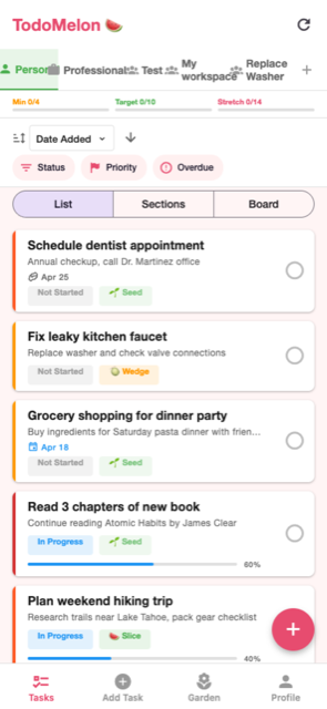 Personal task workspace screen in TodoMelon