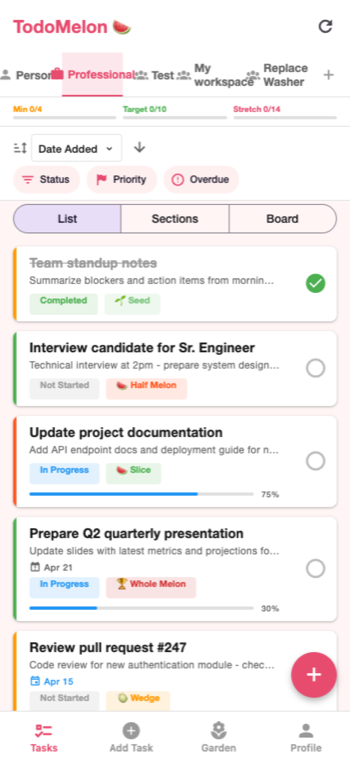 TodoMelon task list with priority, deadlines, and workspace filters